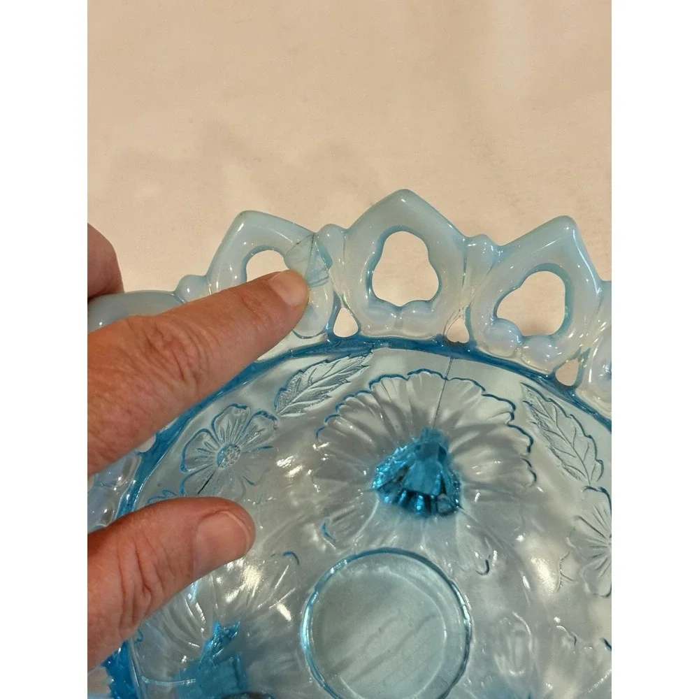 Northwood Blue Opalescent Bowl Dish Shell & Flower  *3 Sides Up* 1900's